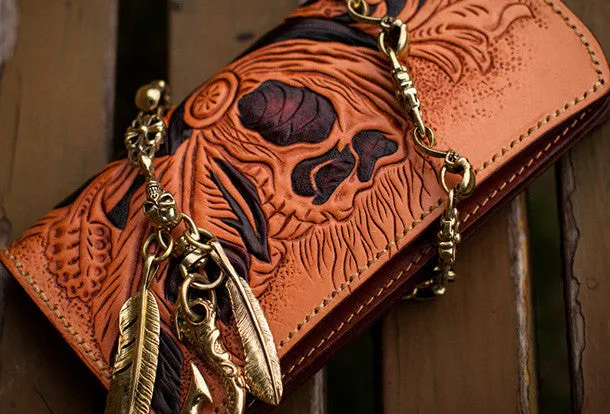 Handmade black leather indian skull carved biker wallet bifold Long wallet clutch for men