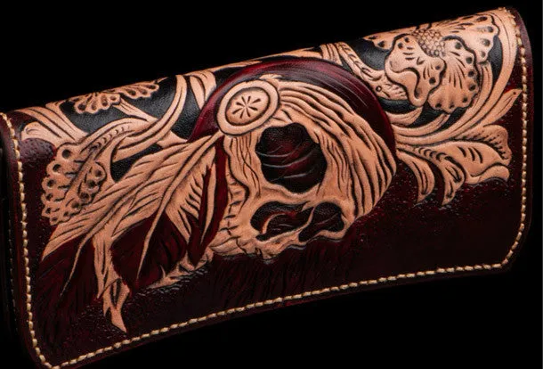 Handmade black leather indian skull carved biker wallet bifold Long wallet clutch for men