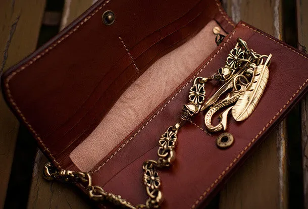 Handmade black leather indian skull carved biker wallet bifold Long wallet clutch for men