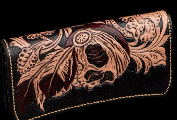 Handmade black leather indian skull carved biker wallet bifold Long wallet clutch for men