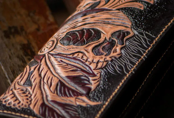 Handmade black leather indian skull carved biker wallet bifold Long wallet clutch for men