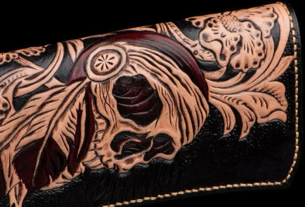 Handmade black leather indian skull carved biker wallet bifold Long wallet clutch for men