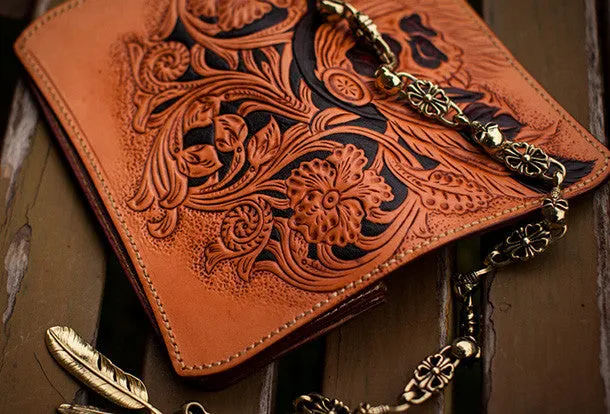 Handmade black leather indian skull carved biker wallet bifold Long wallet clutch for men