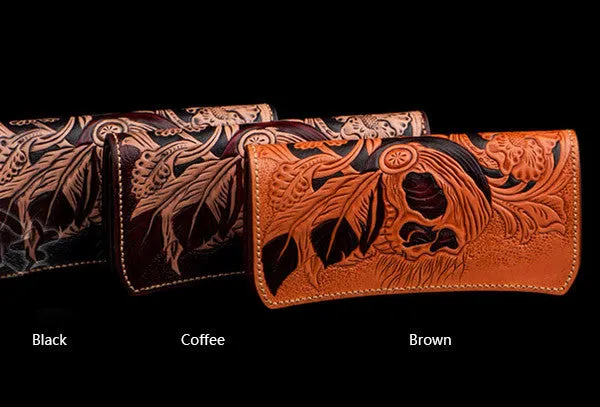 Handmade black leather indian skull carved biker wallet bifold Long wallet clutch for men