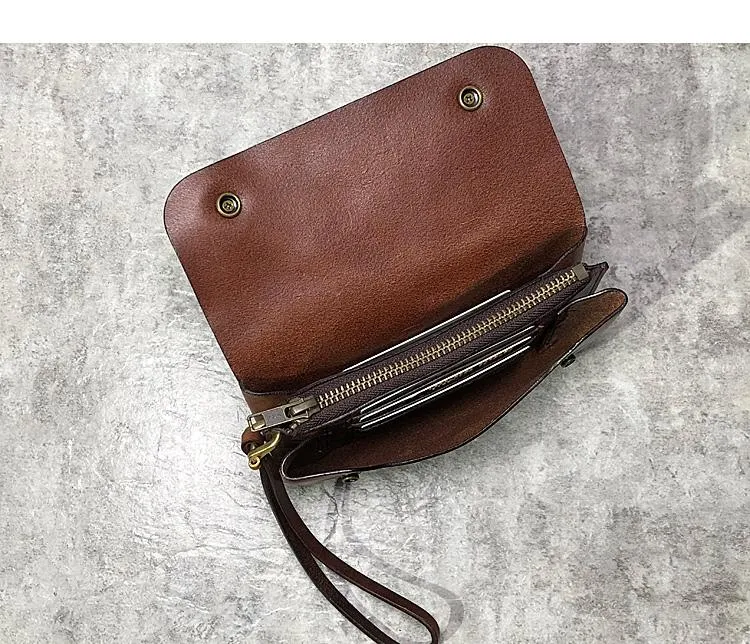 Handmade Black Leather Mens Long Wallet Tan Wristlet Wallet Brown Clutch Biker Chain Wallet Men