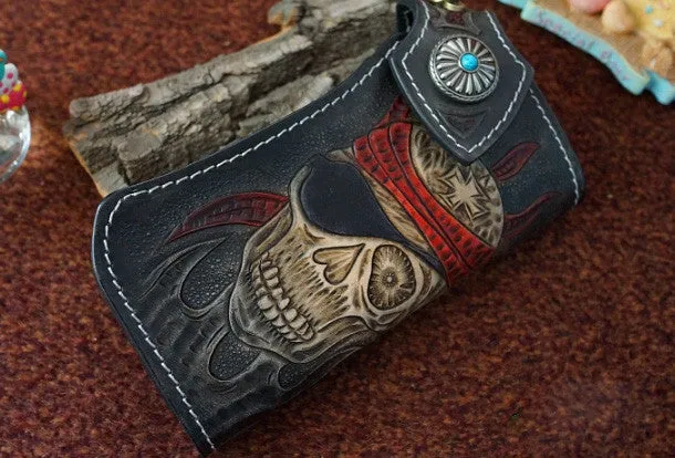 Handmade black leather punk skull carved biker chain wallet Long wallet clutch for men