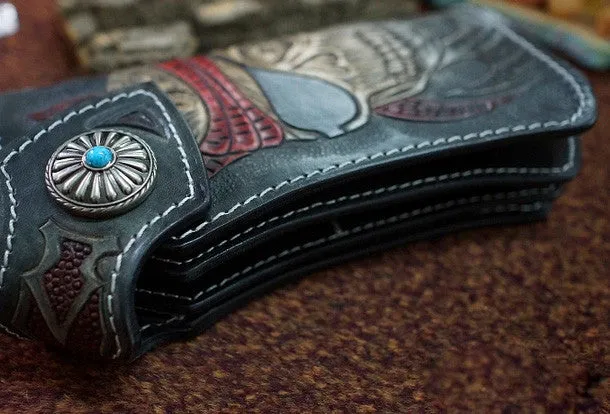 Handmade black leather punk skull carved biker chain wallet Long wallet clutch for men