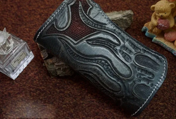 Handmade black leather punk skull carved biker chain wallet Long wallet clutch for men