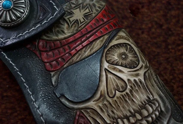 Handmade black leather punk skull carved biker chain wallet Long wallet clutch for men