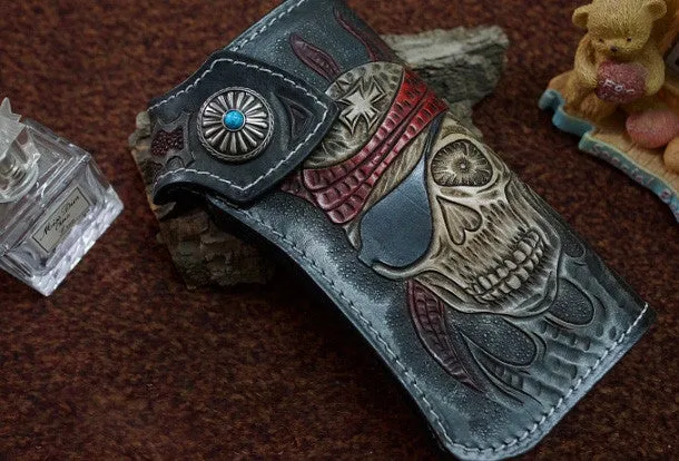 Handmade black leather punk skull carved biker chain wallet Long wallet clutch for men