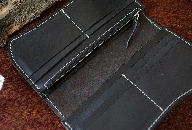 Handmade black leather punk skull carved biker chain wallet Long wallet clutch for men