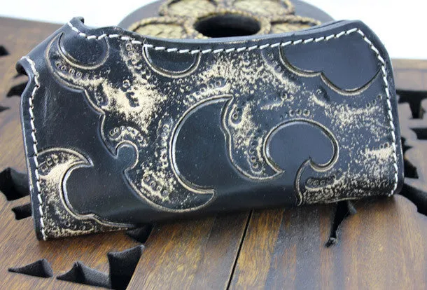 Handmade black leather punk skull pirate carved biker wallet Long wallet clutch for men