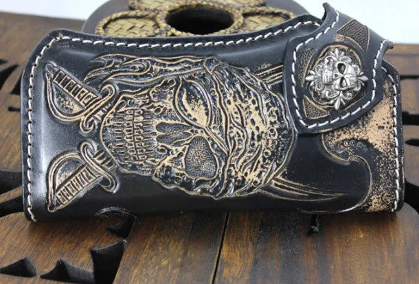 Handmade black leather punk skull pirate carved biker wallet Long wallet clutch for men
