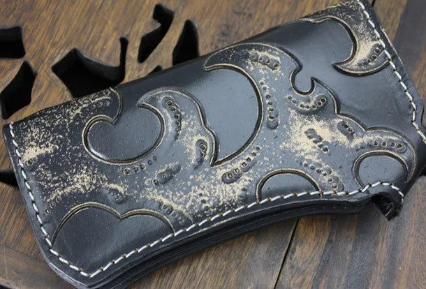Handmade black leather punk skull pirate carved biker wallet Long wallet clutch for men