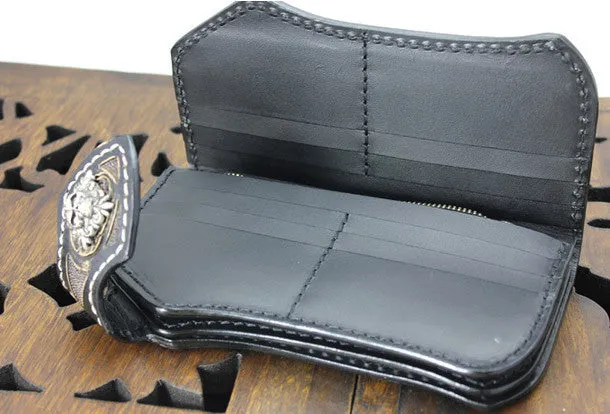 Handmade black leather punk skull pirate carved biker wallet Long wallet clutch for men