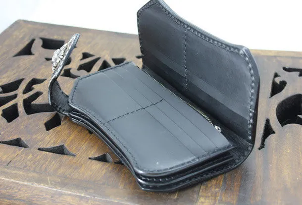 Handmade black leather punk skull pirate carved biker wallet Long wallet clutch for men