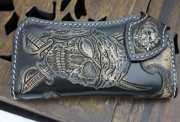Handmade black leather punk skull pirate carved biker wallet Long wallet clutch for men