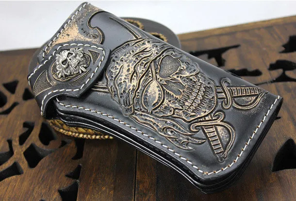 Handmade black leather punk skull pirate carved biker wallet Long wallet clutch for men
