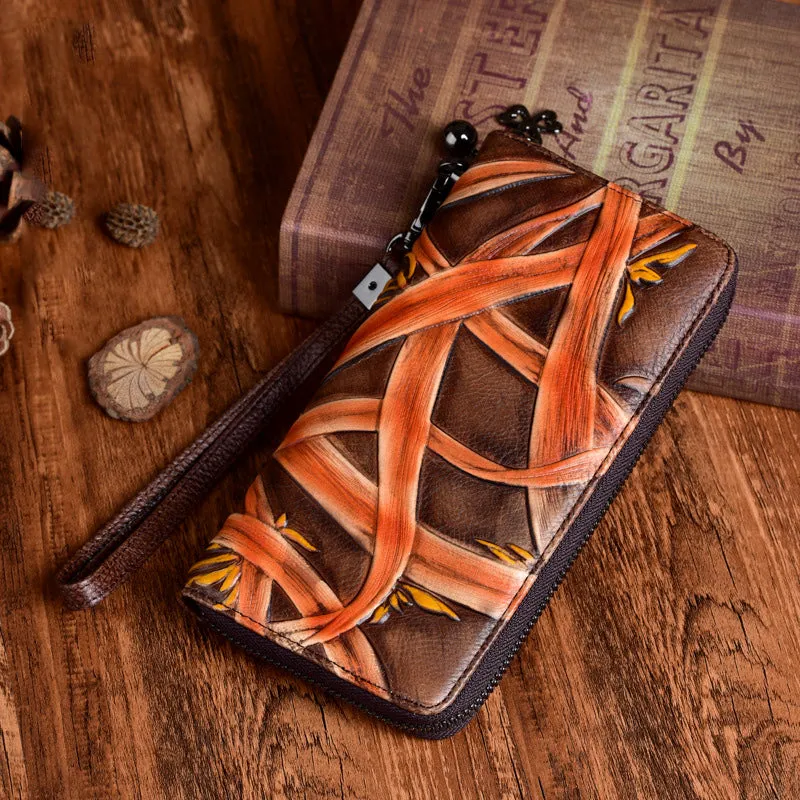 Handmade Bracketplant Leather Wristlet Wallet Womens Zip Around Wallets Flowers Ladies Zipper Clutch Wallet for Women