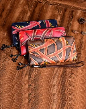 Handmade Bracketplant Leather Wristlet Wallet Womens Zip Around Wallets Flowers Ladies Zipper Clutch Wallet for Women