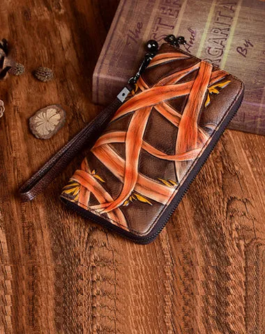 Handmade Bracketplant Leather Wristlet Wallet Womens Zip Around Wallets Flowers Ladies Zipper Clutch Wallet for Women