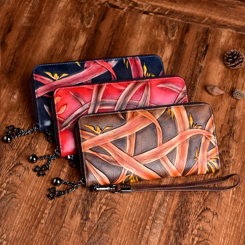 Handmade Bracketplant Leather Wristlet Wallet Womens Zip Around Wallets Flowers Ladies Zipper Clutch Wallet for Women