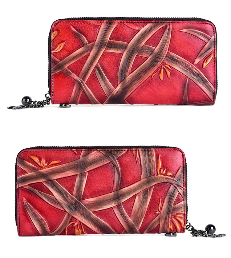 Handmade Bracketplant Leather Wristlet Wallet Womens Zip Around Wallets Flowers Ladies Zipper Clutch Wallet for Women