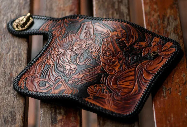 Handmade brown coffee leather Black and white variable carved biker wallet Long wallet for men