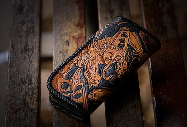 Handmade brown coffee leather Black and white variable carved biker wallet Long wallet for men