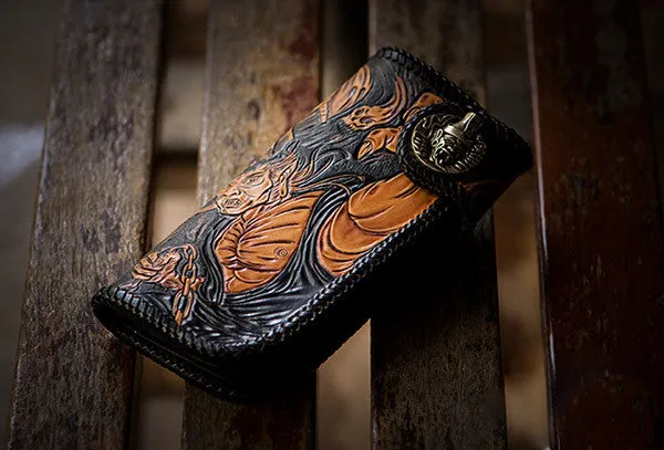 Handmade brown coffee leather Black and white variable carved biker wallet Long wallet for men