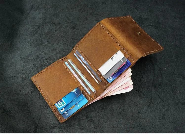 Handmade Brown Leather Mens Trifold Billfold Wallets With License Slot Small Wallet for Men