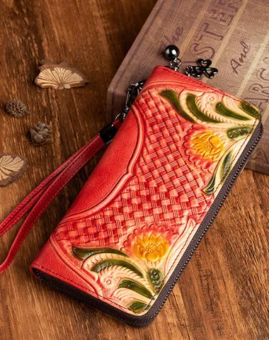 Handmade Brown Leather Wristlet Wallet Womens Floral Zip Around Wallets Flowers Ladies Zipper Clutch Wallet for Women