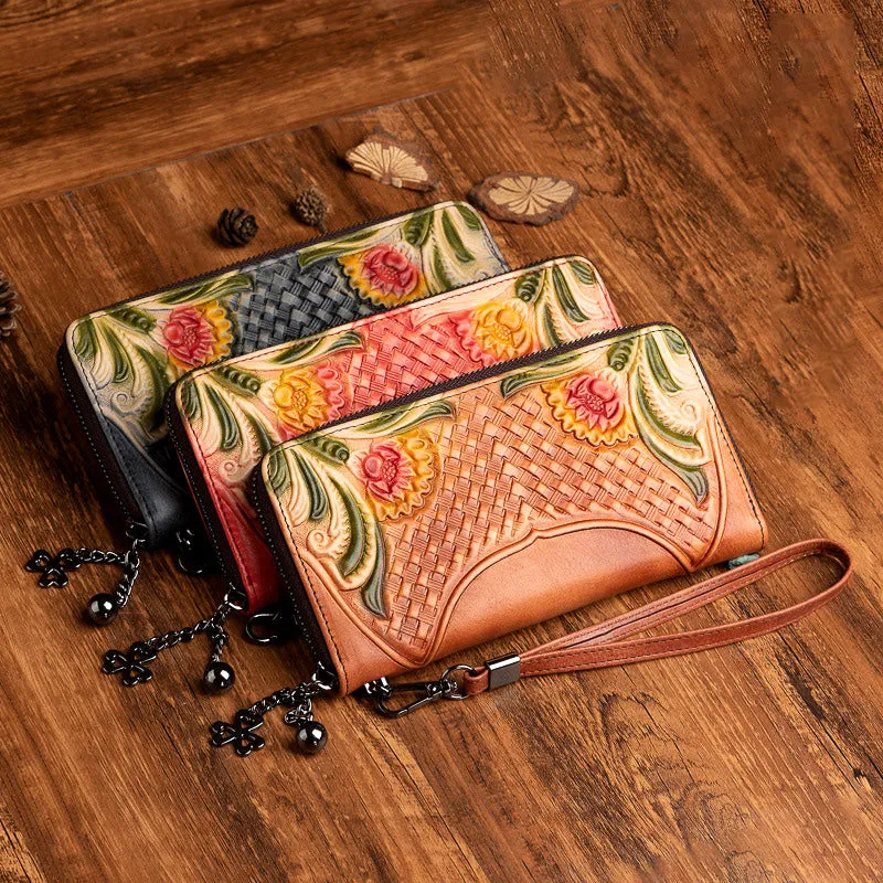 Handmade Brown Leather Wristlet Wallet Womens Floral Zip Around Wallets Flowers Ladies Zipper Clutch Wallet for Women