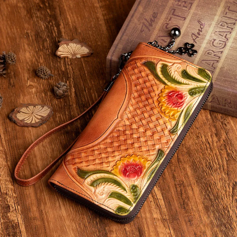 Handmade Brown Leather Wristlet Wallet Womens Floral Zip Around Wallets Flowers Ladies Zipper Clutch Wallet for Women