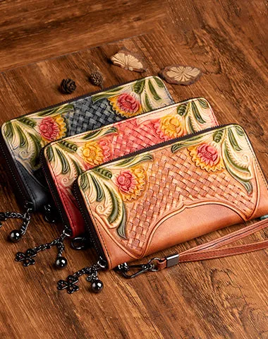 Handmade Brown Leather Wristlet Wallet Womens Floral Zip Around Wallets Flowers Ladies Zipper Clutch Wallet for Women