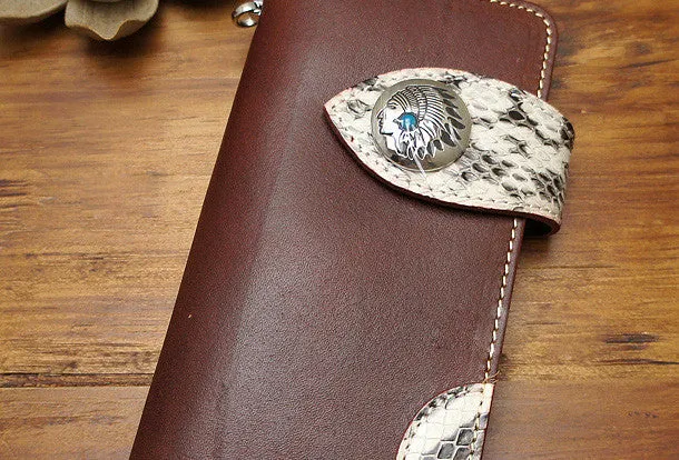 Handmade coffee brown biker wallet snake skin leather with chain Long wallet purse for men