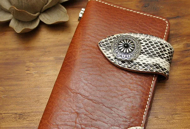 Handmade coffee brown biker wallet snake skin leather with chain Long wallet purse for men