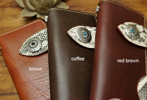 Handmade coffee brown biker wallet snake skin leather with chain Long wallet purse for men