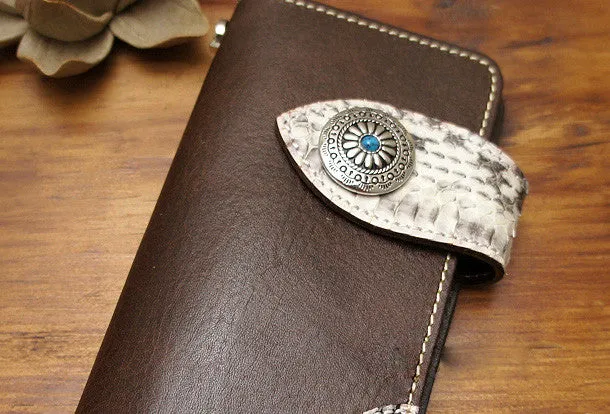 Handmade coffee brown biker wallet snake skin leather with chain Long wallet purse for men