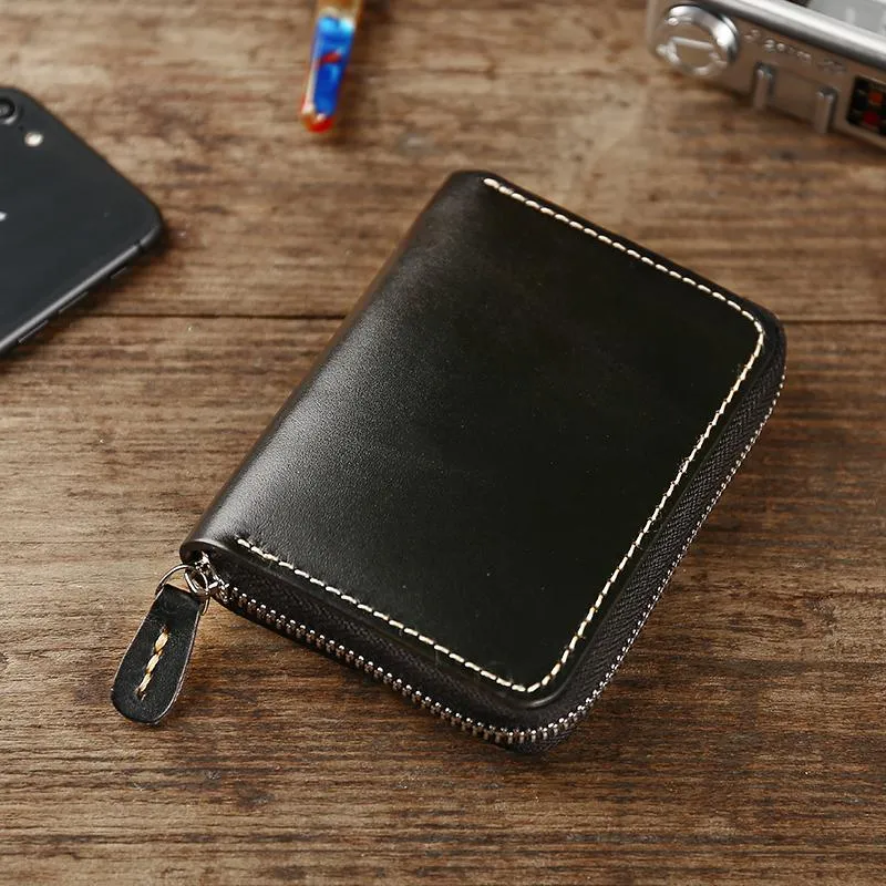 Handmade Cool Mens Leather Zipper Red Small Wallet Green Bifold billfold Wallet for Men
