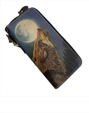 Handmade Cool Tooled Wolf Leather Men's Biker Chain Wallet Zipper Long Chain Wallet For Men