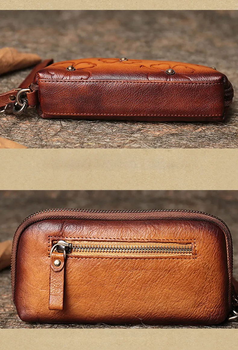 Handmade Dark Green Womens Clover Leather Long Wallet Zipper Clutch Wristlet Wallet for Women
