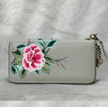 Handmade Embroidery Black Leather Peony Wristlet Wallet Womens Zip Around Wallets Flowers Peony Ladies Zipper Clutch Wallet for Women