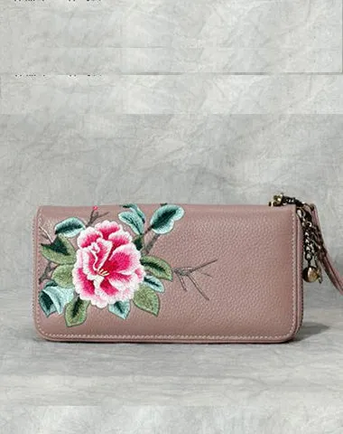 Handmade Embroidery Black Leather Peony Wristlet Wallet Womens Zip Around Wallets Flowers Peony Ladies Zipper Clutch Wallet for Women