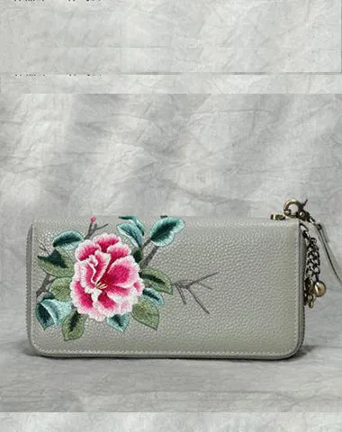 Handmade Embroidery Black Leather Peony Wristlet Wallet Womens Zip Around Wallets Flowers Peony Ladies Zipper Clutch Wallet for Women