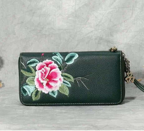 Handmade Embroidery Black Leather Peony Wristlet Wallet Womens Zip Around Wallets Flowers Peony Ladies Zipper Clutch Wallet for Women