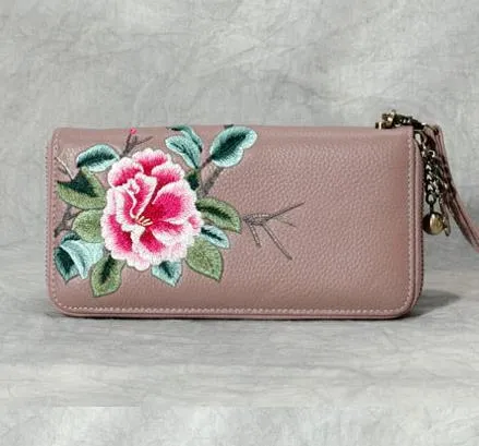 Handmade Embroidery Black Leather Peony Wristlet Wallet Womens Zip Around Wallets Flowers Peony Ladies Zipper Clutch Wallet for Women