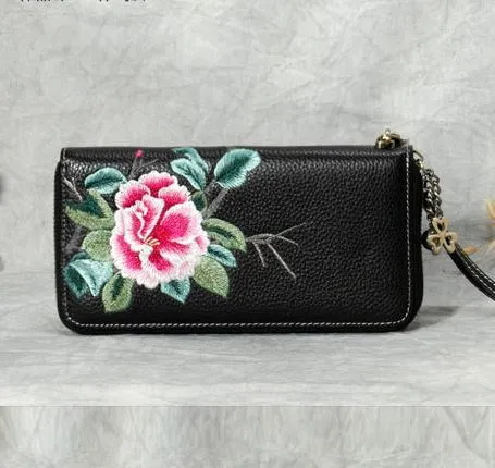 Handmade Embroidery Black Leather Peony Wristlet Wallet Womens Zip Around Wallets Flowers Peony Ladies Zipper Clutch Wallet for Women