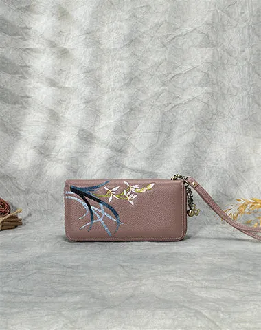 Handmade Embroidery Blue Leather Orchids Wristlet Wallet Womens Zip Around Wallets Flowers Orchids Ladies Zipper Clutch Wallet for Women