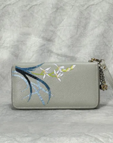 Handmade Embroidery Blue Leather Orchids Wristlet Wallet Womens Zip Around Wallets Flowers Orchids Ladies Zipper Clutch Wallet for Women